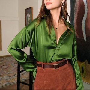 RIHOAS The Lapel Button-up Satin Blouses Green L